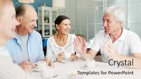  Presentation with coffee talk - Presentation having gathering - group of friendly senior people background and a lemonade colored foreground