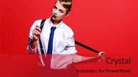  Presentation with trousers - PPT layouts consisting of gatsby - fashion shot attractive young model background and a crimson colored foreground