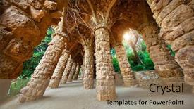  Presentation with spain - Presentation design featuring gaudi - barcelona spain park guell stone background and a coral colored foreground