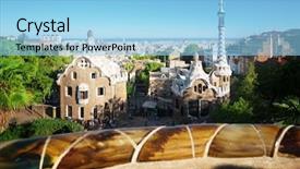  Presentation with spain - Beautiful PPT theme featuring gaudi - park guell in barcelona spain backdrop and a light blue colored foreground