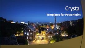  Presentation with spain - Slide set having gaudi - park guell in barcelona spain background and a ocean colored foreground