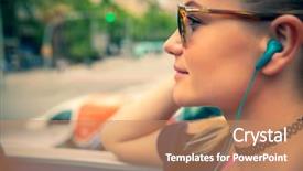  Presentation with tour guide - Slides having gaudi - tourist woman on the bus background and a coral colored foreground