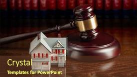  Presentation with law books - Audience pleasing presentation design consisting of gavel and small model house on wooden table with law books in background backdrop and a tawny brown colored foreground