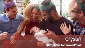  Presentation with baby christmas - Slide set consisting of gay male couple with adopted baby daughter celebrating first christmas with friends background and a tawny brown colored foreground