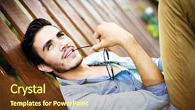  Presentation with 3d man sitting question mark - PPT theme consisting of gay youth - handsome young man sitting outdoors background and a tawny brown colored foreground