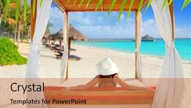  Presentation with tropical - PPT layouts consisting of gazebo tropical beach with woman background and a coral colored foreground