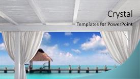  Presentation with hut - Slide set featuring gazebo white in tropical caribbean beach with hut and pier photo-illustration background and a light gray colored foreground