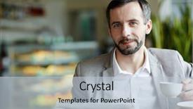 Presentation with cup coffee - Colorful presentation enhanced with gazette - happy businessman with paper backdrop and a lemonade colored foreground