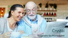  Presentation with tea cup - PPT layouts consisting of gazette - mature man showing his wife background and a light blue colored foreground