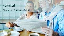  Presentation with news - Cool new PPT theme with gazette - modern seniors discussing latest news backdrop and a  colored foreground