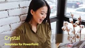  Presentation with lady justice themis statue - Presentation featuring gazette - picture of a smiling asian background and a tawny brown colored foreground