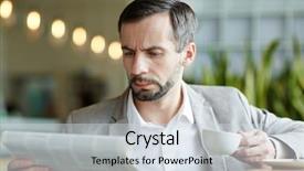  Presentation with tea cup - Slides having gazette - serious and busy man background and a sky blue colored foreground