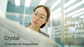  Presentation with financial investing - Presentation theme having gazette - serious businesswoman with newspaper reading background and a light gray colored foreground