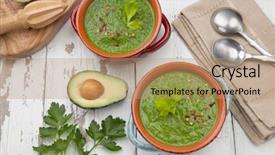  Presentation with appetizer - Presentation theme consisting of gazpacho soup with boiled egg background and a coral colored foreground
