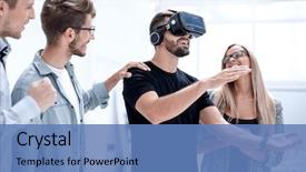  Presentation with virtual - Slides with gear - man wearing virtual reality glasses background and a teal colored foreground