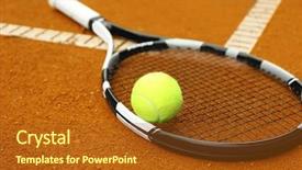  Presentation with court - Theme featuring gear colorful - tennis racket and ball background and a tawny brown colored foreground