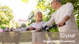  Presentation with old couple walking - Presentation design with gear free - old age people and lifestyle background and a  colored foreground