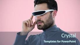  Presentation with virtual reality - Slide deck enhanced with gears animation - man in virtual reality headset background and a ocean colored foreground