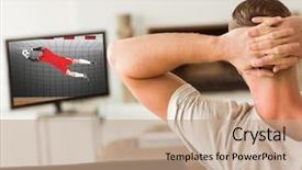  Presentation with television watching - Cool new slides with gears animation - rear view of man watching backdrop and a coral colored foreground