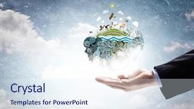  Presentation with earth planet globe - Presentation theme featuring gears globe - hands holding earth planet concept background and a  colored foreground