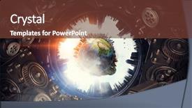  Presentation with mechanical gear mechanism team work - Presentation design enhanced with gears globe - metal gear mechanism mixed media background and a tawny brown colored foreground