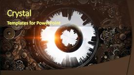  Presentation with gear - Audience pleasing presentation design consisting of gears globe - metal gear mechanism mixed media backdrop and a  colored foreground