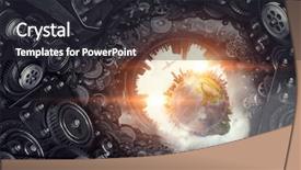  Presentation with mechanical gear mechanism team work - Presentation design consisting of gears globe - metal gear mechanism background and a  colored foreground