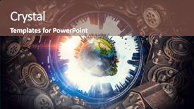  Presentation with mechanical gear mechanism team work - Colorful presentation theme enhanced with gears globe - metal gear mechanism backdrop and a tawny brown colored foreground