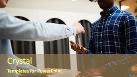  Presentation with receptionist - Colorful presentation design enhanced with gears keys - young receptionist by counter putting backdrop and a coral colored foreground