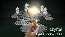  Presentation with glowing light bulb light bulb - Slide deck featuring gears mechanism and male hand holding glowing light bulb background and a wine colored foreground