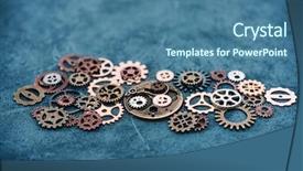  Presentation with mechanism - Slides with gearwheel - mechanism concept closeup view gear background and a ocean colored foreground