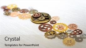  Presentation with view concept of creative logic - Slides enhanced with gearwheel - mechanism concept closeup view gear background and a mint green colored foreground