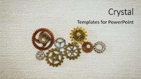  Presentation with mechanical gear mechanism team work - PPT layouts consisting of gearwheel - mechanism concept closeup view gear background and a light gray colored foreground