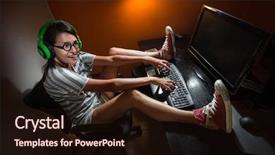  Presentation with geek - Beautiful PPT theme featuring geek - gamer girl playing with computer backdrop and a wine colored foreground