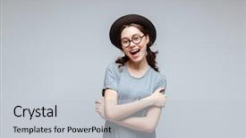  Presentation with geek - Colorful PPT layouts enhanced with geek - happy female nerd in eyeglasses backdrop and a light gray colored foreground