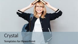  Presentation with backpack - Presentation theme featuring geek - smiled student with backpack background and a light blue colored foreground