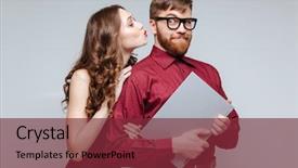  Presentation with geek - Theme with geek - woman kissing of male nerd background and a tawny brown colored foreground