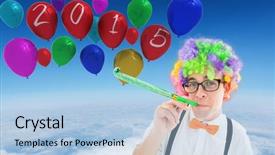  Presentation with geek - Theme consisting of geek blowing party horn against blue sky over white clouds background and a light blue colored foreground