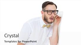  Presentation with champion golden trophy cup - PPT theme featuring geeks paper - geeky businessman eavesdropping with cup background and a  colored foreground