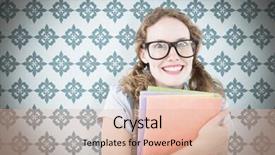  Presentation with files - PPT theme featuring geeks paper - geeky hipster woman holding files background and a  colored foreground