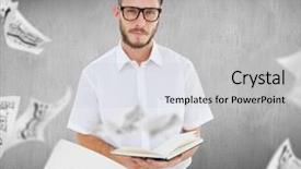  Presentation with grey black white - Amazing presentation theme having geeks paper - geeky young man reading backdrop and a  colored foreground