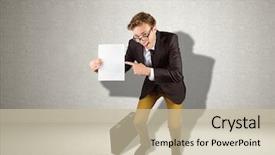  Presentation with page - Slide deck enhanced with geeks paper - young geeky businessman holding page background and a soft green colored foreground