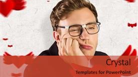  Presentation with parchment paper - Cool new presentation with geeks paper - young geeky businessman looking bored backdrop and a  colored foreground