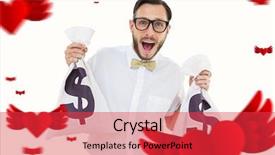  Presentation with hearts - PPT theme consisting of geeky businessman holding money bags background and a red colored foreground