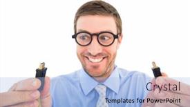  Presentation with cables - Colorful slides enhanced with geeky businessman holding two cables on white background backdrop and a light blue colored foreground