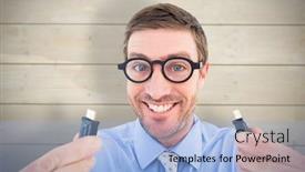  Presentation with bleached - Cool new presentation design with geeky businessman holding two cables against bleached wooden planks background backdrop and a light blue colored foreground