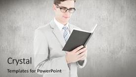  Presentation with grey black white - Presentation with geeky businessman reading black book against white and grey background background and a light gray colored foreground