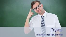  Presentation with green chalkboard - PPT layouts enhanced with geeky businessman thinking with finger on temple against green chalkboard background and a sky blue colored foreground