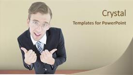  Presentation with floor - Presentation design having geeky businessman with thumbs up against room with wooden floor background and a soft green colored foreground