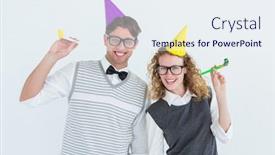  Presentation with hat - Slide deck having geeky couple with party hat and party horn on white background background and a sky blue colored foreground